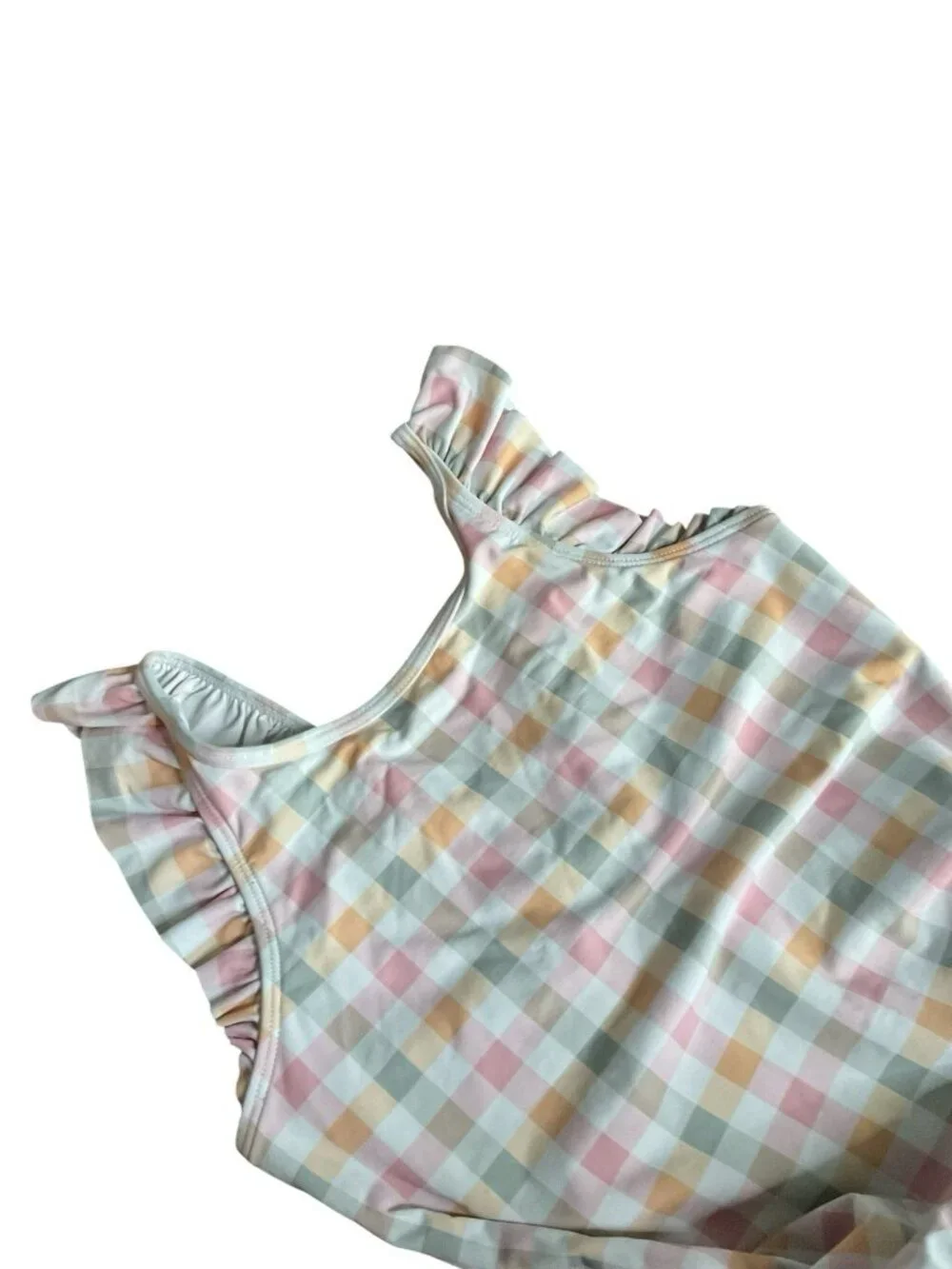 Petit Lem Girls Pastel Gingham Plait Pattern Ruffle One Piece Swimsuit Size 6X